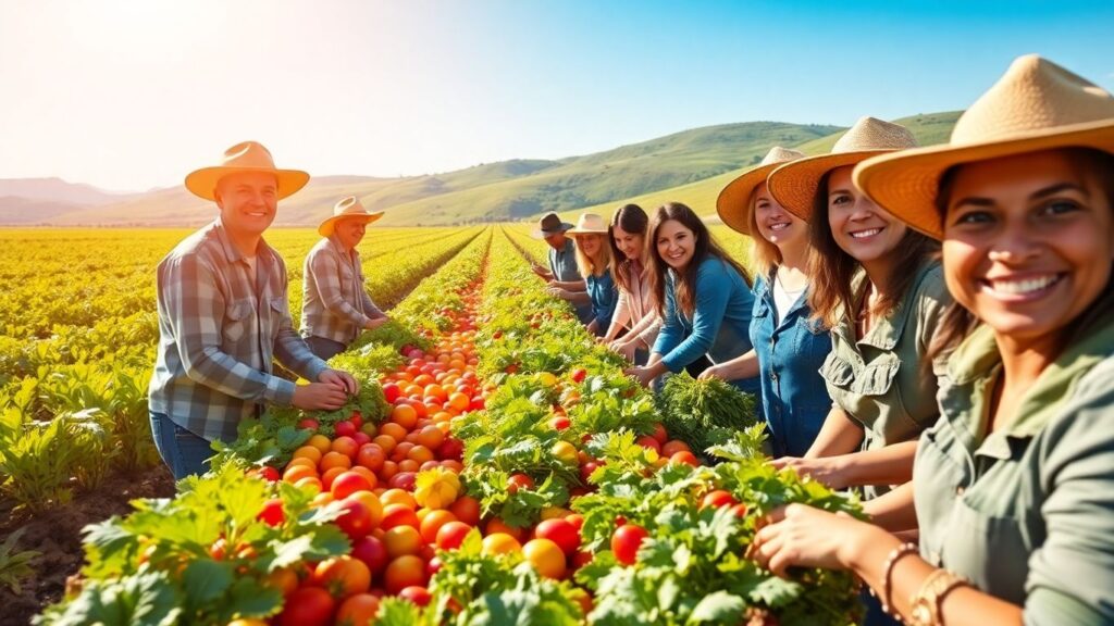Farmworkers harvesting crops under a sunny sky.
